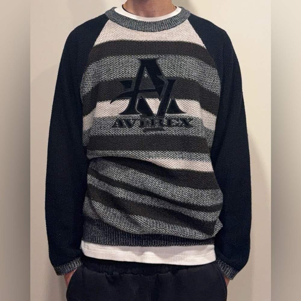 Avirex Men's Crewneck Sweater in Gray and Black Stripes